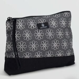 VOLCOM Floral Canvas Pouch Full Zip Black White Gray